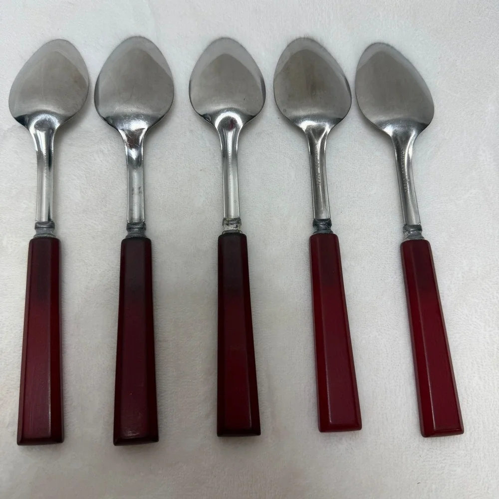 VTG Red Bakelite Handle Stainless Steel Spoons Set of 5 Mid-Century Art Deco